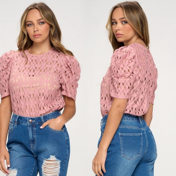 Pink embroidered puff sleeve top - Picture 5 of 9